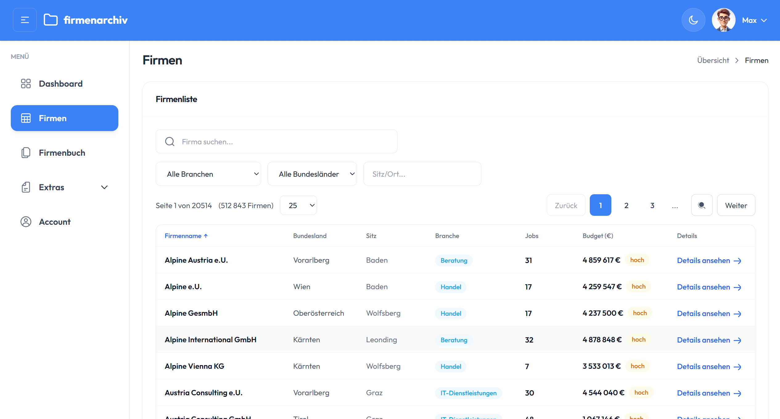 Firmenliste mit Suche, Filtern und Tabelle
